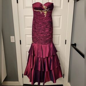 MeProm Strapless Corset Mermaid Fit & Flare Satin Metallic Two-Tone Beaded Dress